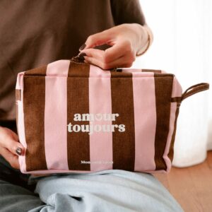 TROUSSE DE TOILETTE EN COTON  - RAYEE  ROSE  - AMOUR TOUJOURS