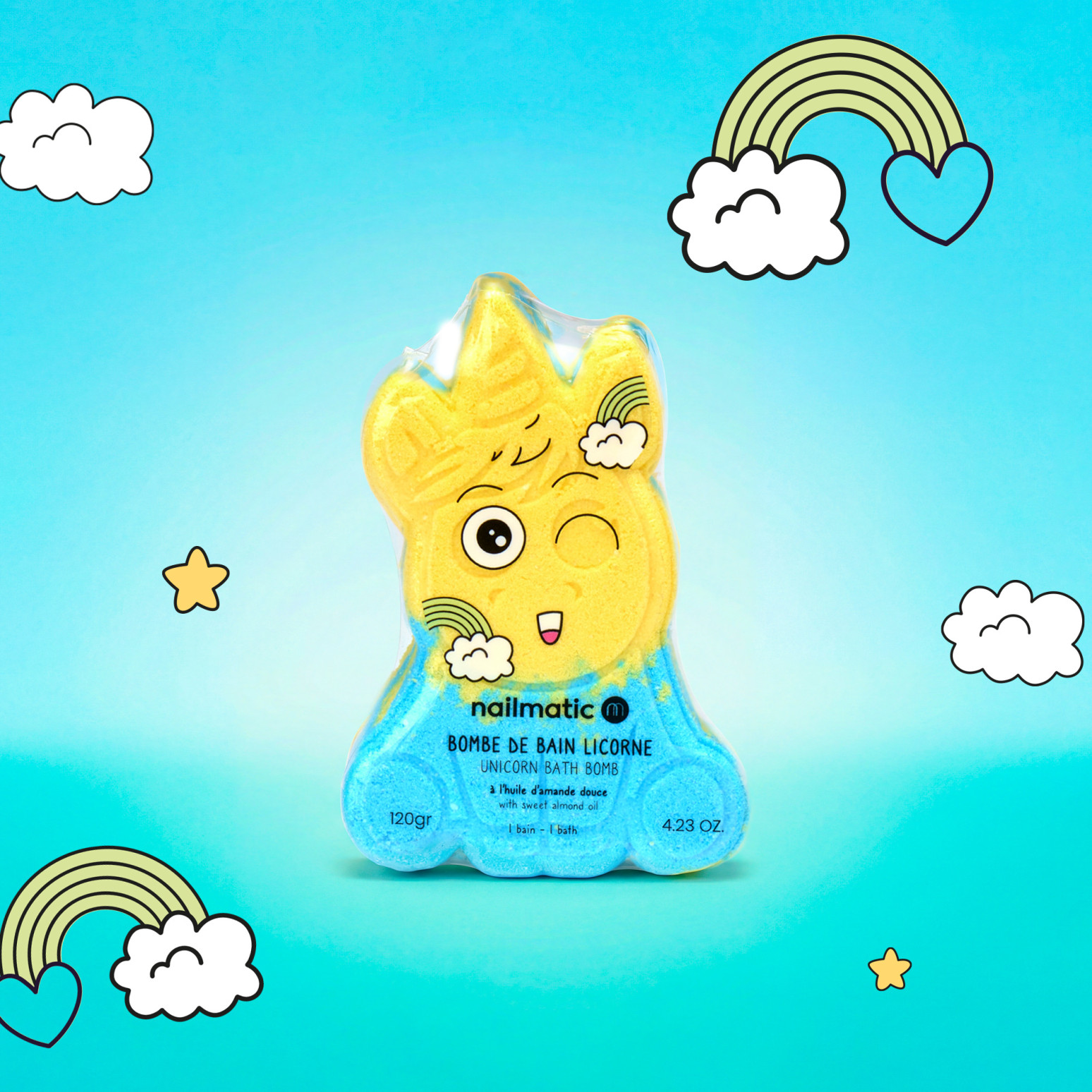 BOMBE DE BAIN LICORNE BLEUE ET JAUNE