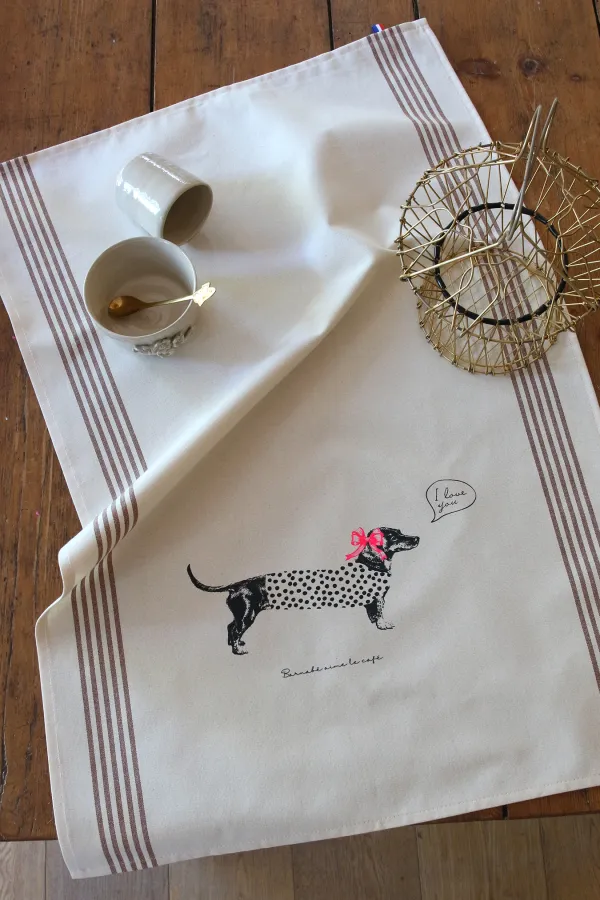 TORCHON DE CUISINE SÉRIGRAPHIÉ Chien saucisse